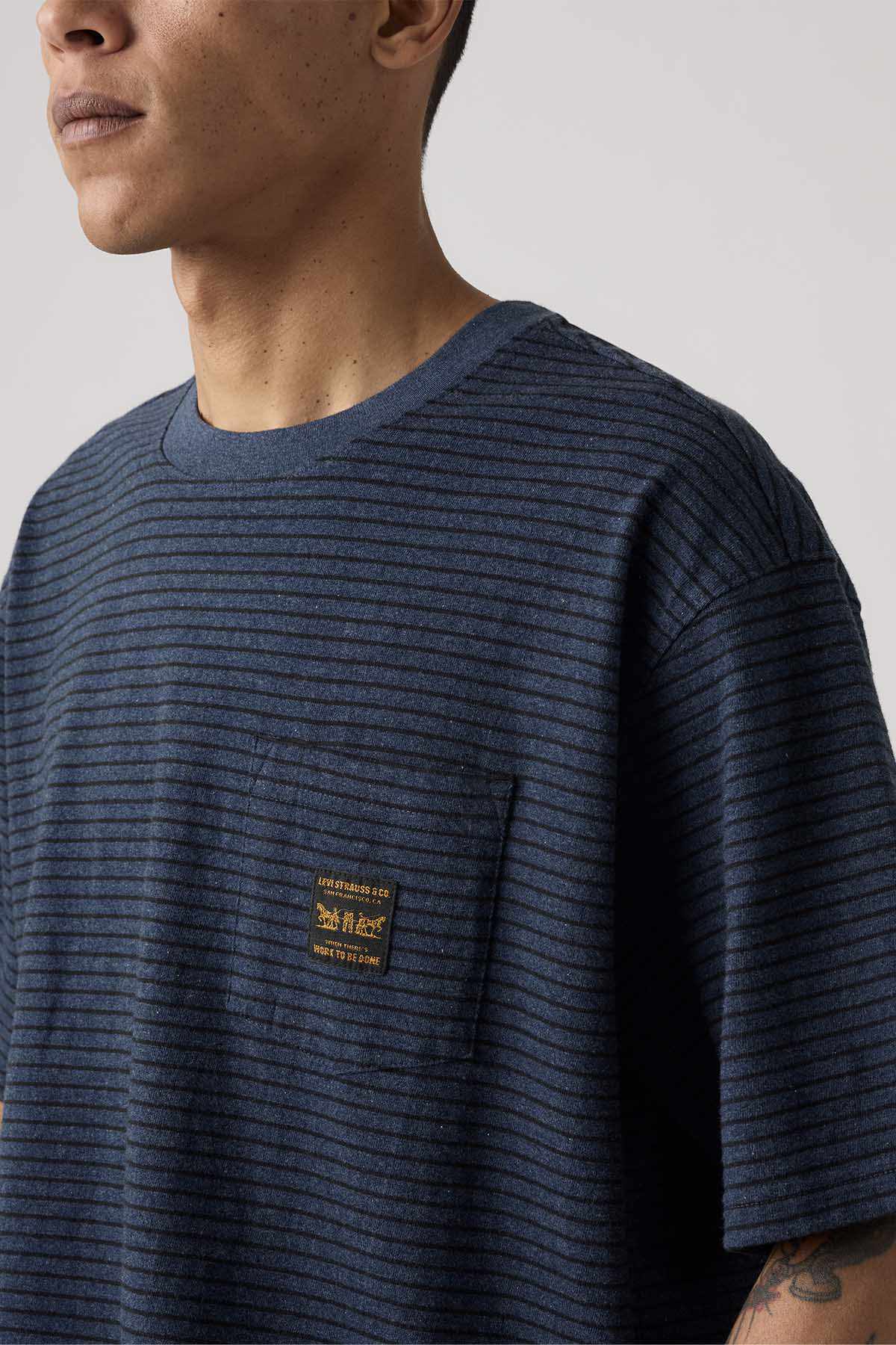 Navy blue striped T-shirt with small yellow chest logo embroidery