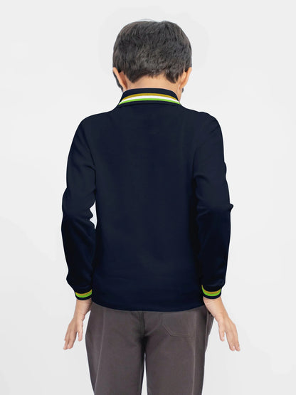 Brumano cotton polo shirt back view, dark navy with striped collar trim