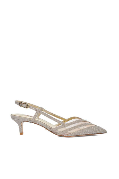 Gold pointed-toe heeled sandal with lattice straps and ankle buckle