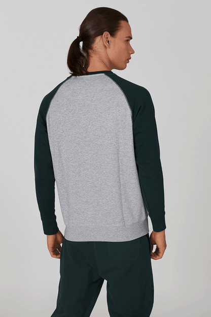 Back view raglan sweatshirt with heather-gray body and dark green sleeves, joggers visible