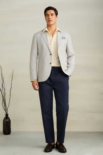 Men's light grey marl blazer with notched lapels and two-button front