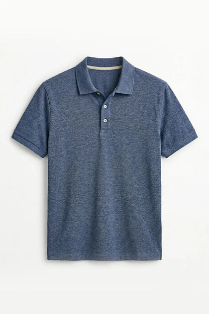 Flat front navy heather short-sleeve polo shirt with collar