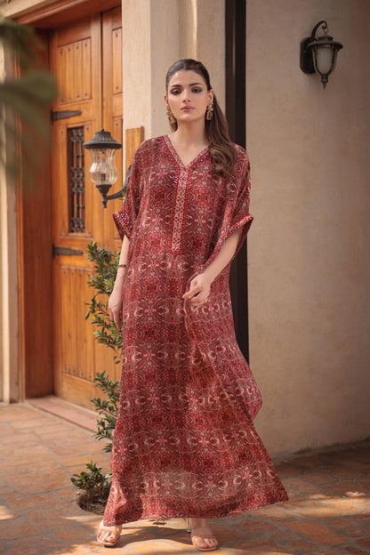 Velour maxi dress, red floral print V-neck with short sleeves and tiered hem