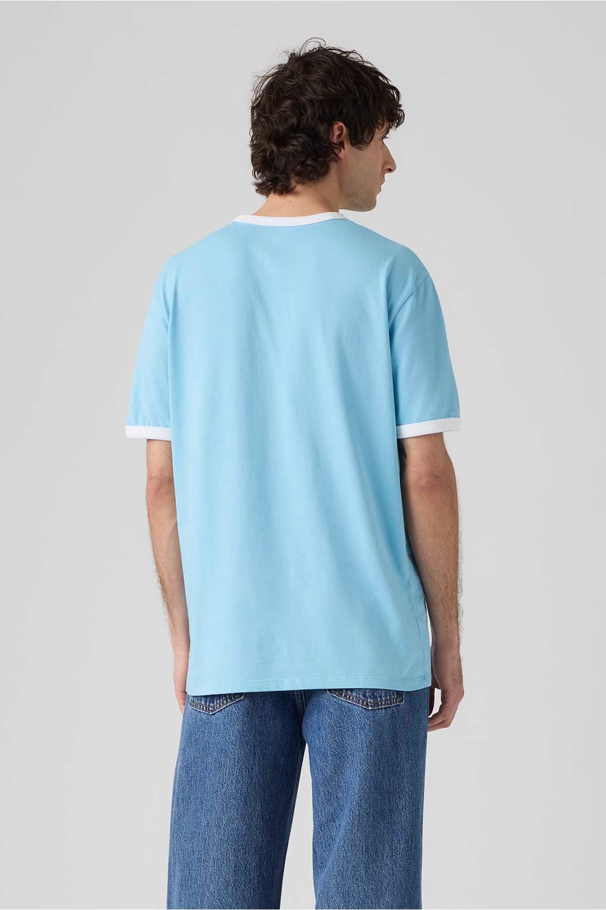 Sky blue crew-neck T-shirt, back view, white-trim sleeve cuffs