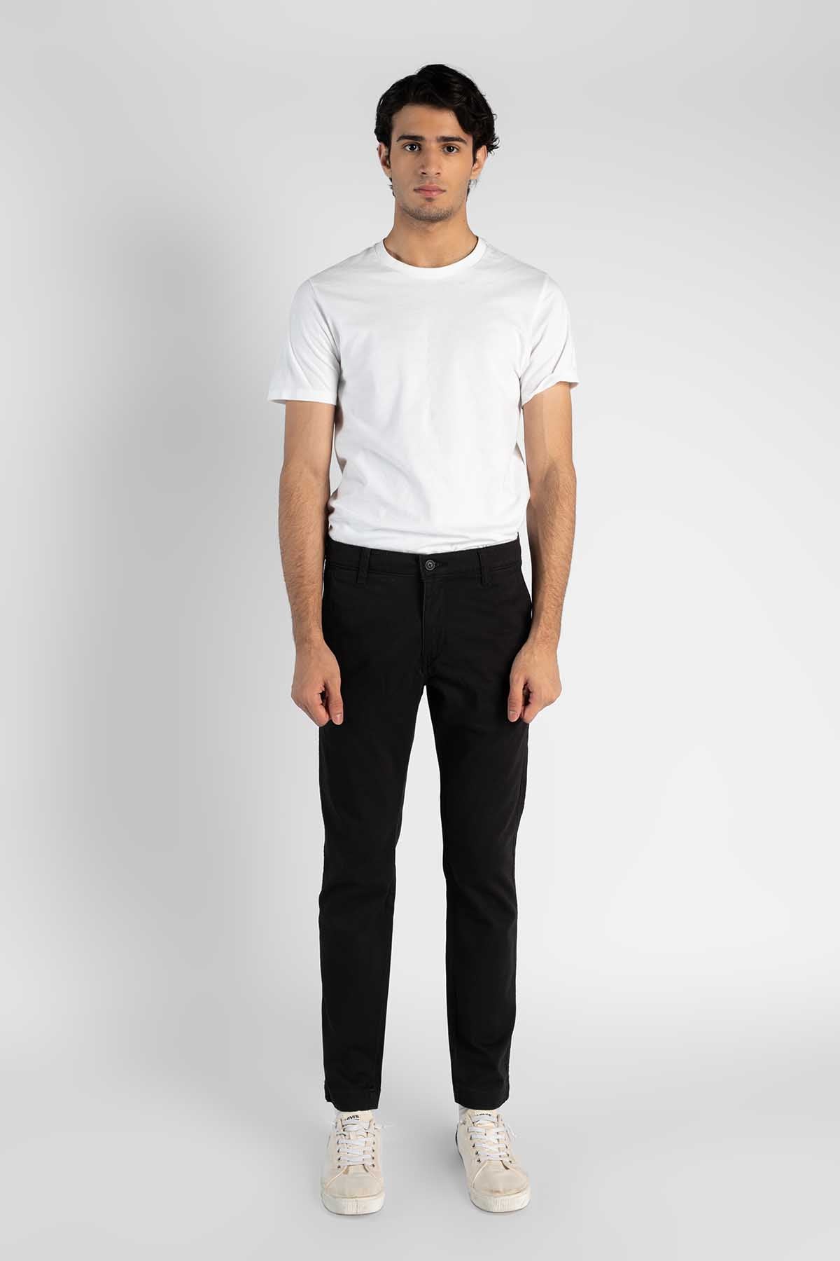 Men's black jeans, front view, five-pocket denim