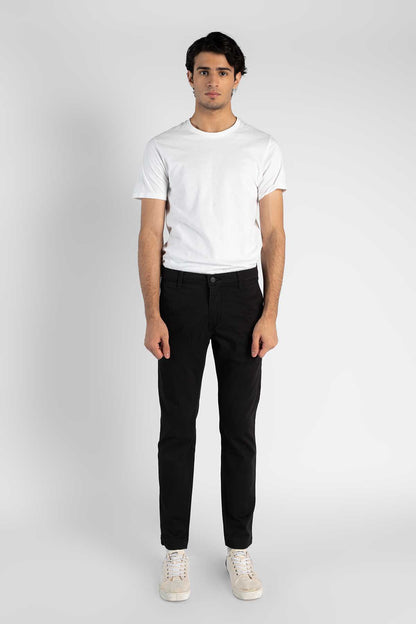 Men's black jeans, front view, five-pocket denim
