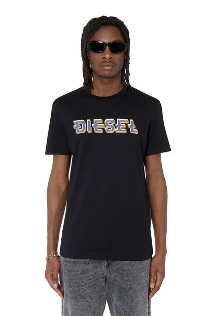 Black crewneck T-shirt with colorful Diesel logo on the front