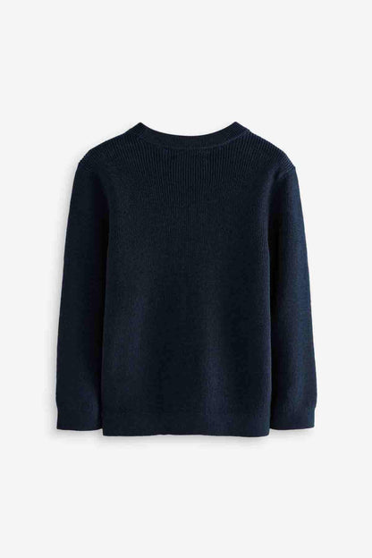 Navy crewneck knit sweater back view, long sleeves