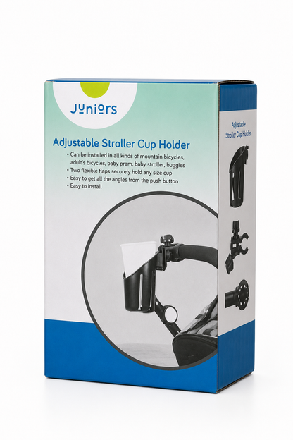 Juniores adjustable stroller cup holder retail box, black cup holder shown.