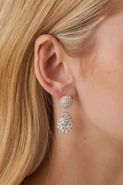 Silver-tone rhinestone drop earrings with round top and teardrop dangle