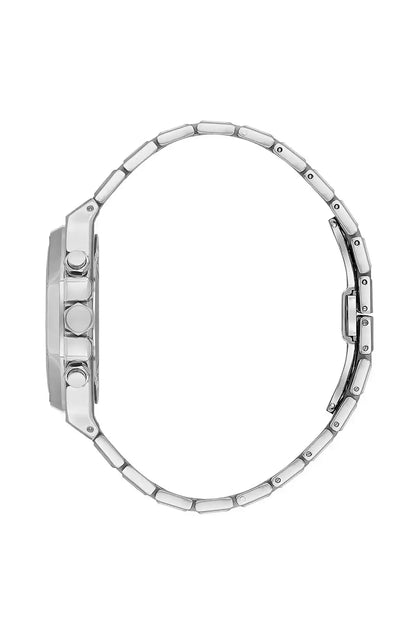 BHPC silver metal watch with linked bracelet, side profile and crown