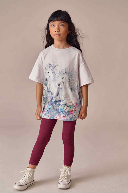 Kids' white T-shirt with blue horse and floral print