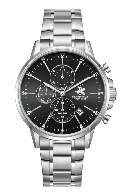 BHPC silver wristwatch with black dial, multi-dial chronograph design and metal bracelet