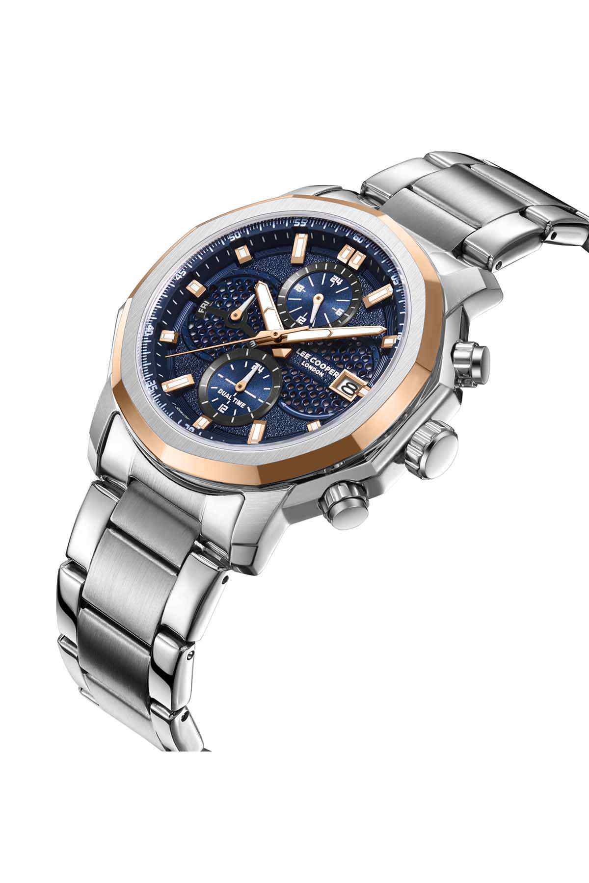 Silver watch with blue dial and rose-gold bezel, three subdials