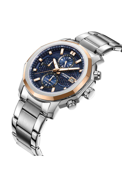 Silver watch with blue dial and rose-gold bezel, three subdials