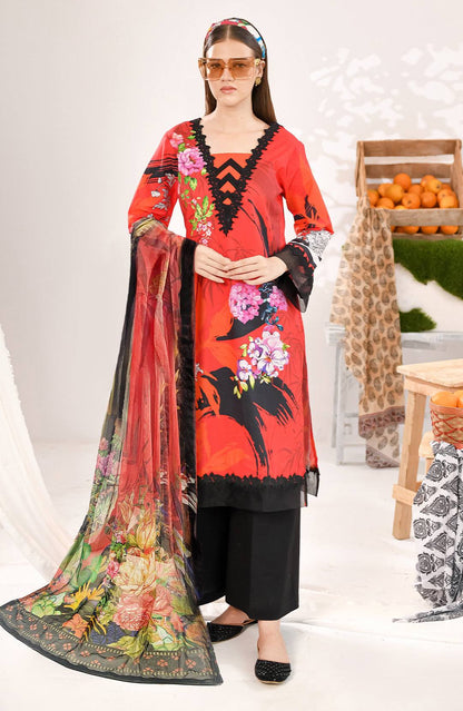 Red printed long kurta with black lace-trim V neckline, floral sleeves, paired with black pants
