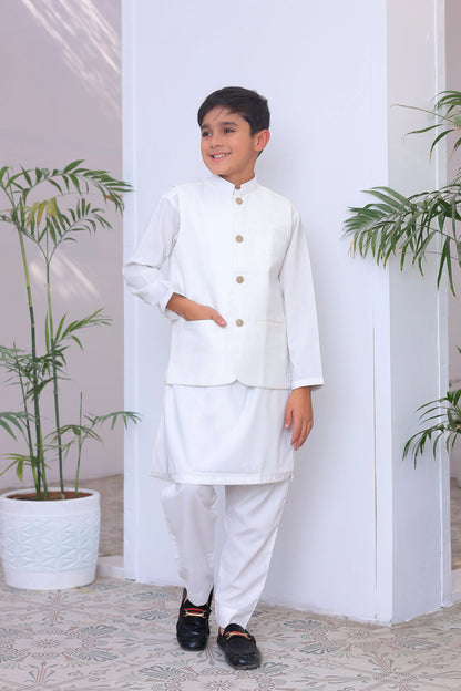 Boys white 3-piece outfit with gold button front, band collar, and matching trousers