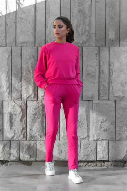 Women's fuchsia long-sleeve tracksuit set with matching jogger pants