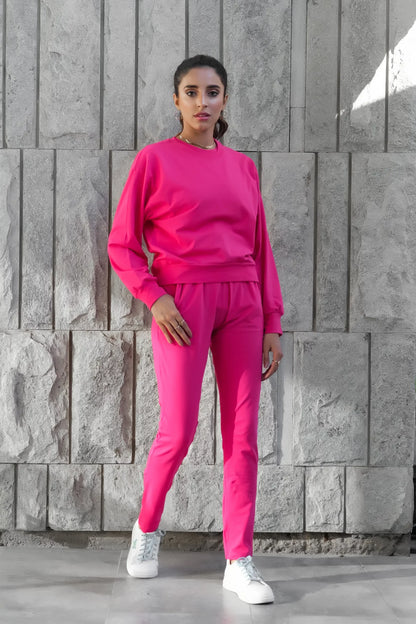 Women's fuchsia tracksuit set, crewneck pullover top and tapered joggers