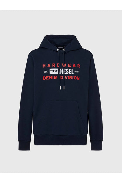 Navy pullover hoodie with drawstring hood and front 'Denim D Vision' graphic