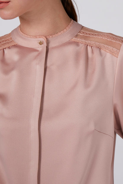 Light pink blouse collar with buttoned stand, lace-trim yoke, front zip placket