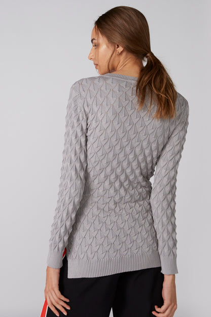 Grey textured knit sweater, crew neck, long sleeves, ribbed cuffs (back view)