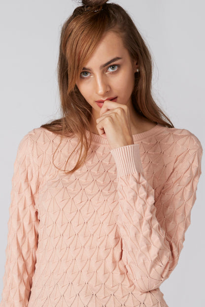 Pink textured knit sweater with diamond pattern, crew neck, long sleeves