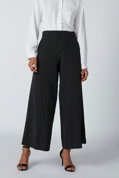 Black pinstripe wide-leg trousers with high waist and pleated front