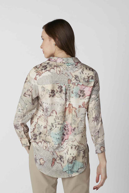 Women’s beige map-print button-up shirt with long sleeves, back view