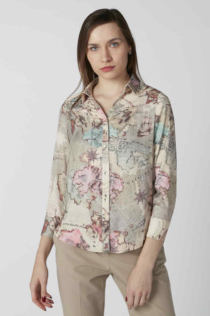 Women’s beige map-print button-up shirt with long sleeves, front view