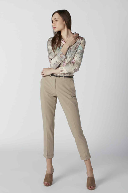 Women’s beige map-print button-up shirt with long sleeves, side view