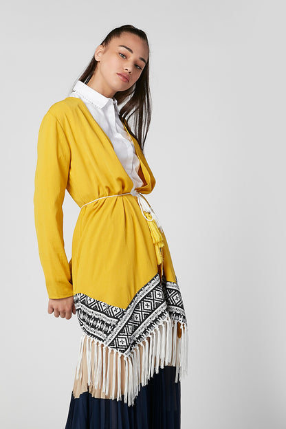 Yellow boho dress with patterned hem fringe, long sleeves