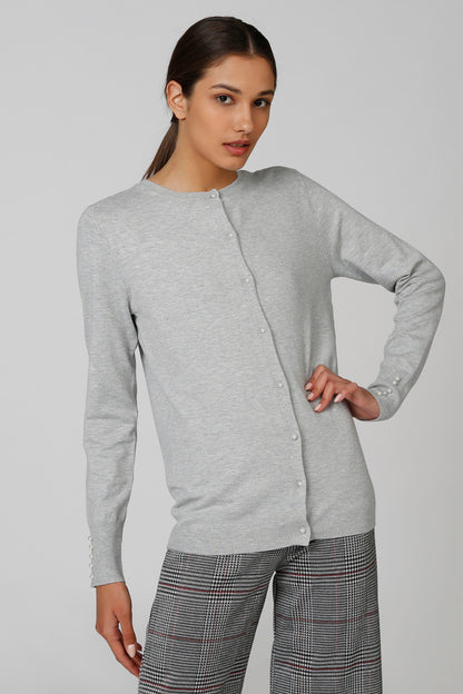 Light gray button-front cardigan with long sleeves and crew neckline.