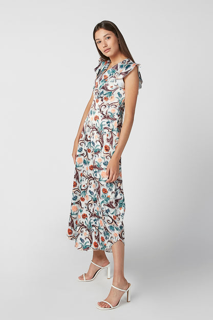Women's sleeveless midi dress, front view, teal and coral scroll pattern.