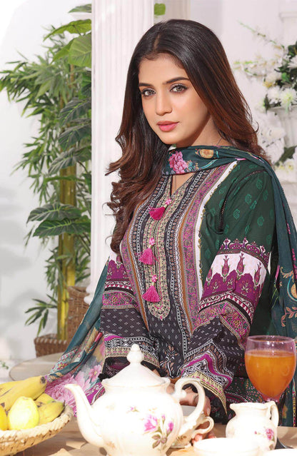 Multicolor long tunic with ornate border print and dark green dupatta/scarf