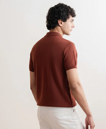 Back view of a fitted short-sleeve polo shirt in dark brown