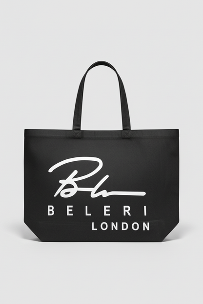 Jet black Beleri London tote bag with white logo and short top handles