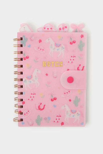 Accessorize pink spiral notebook with 'NOTES' text and cute cactus and hearts icons