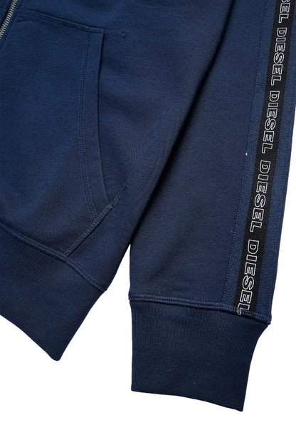 Navy hoodie sleeve with logo tape trim and ribbed cuffs; front pocket seam