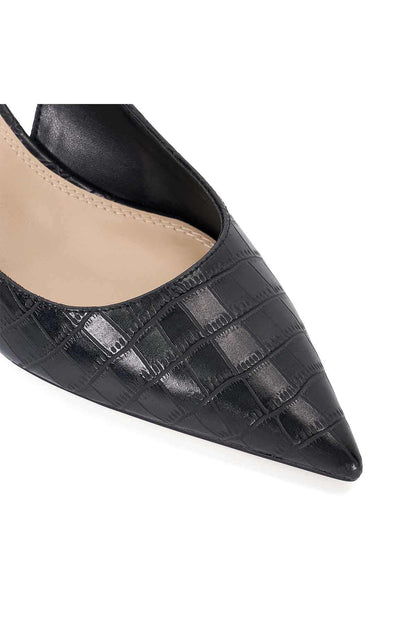 Close-up: black croc-embossed pointed toe pump, curved topline