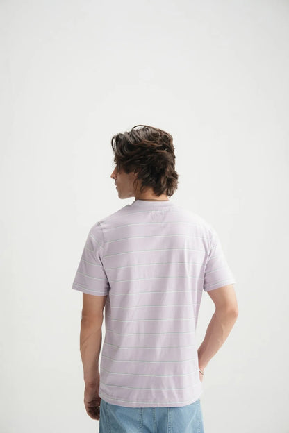 Men's lavender crewneck T-shirt with thin horizontal stripes, back view, short sleeves