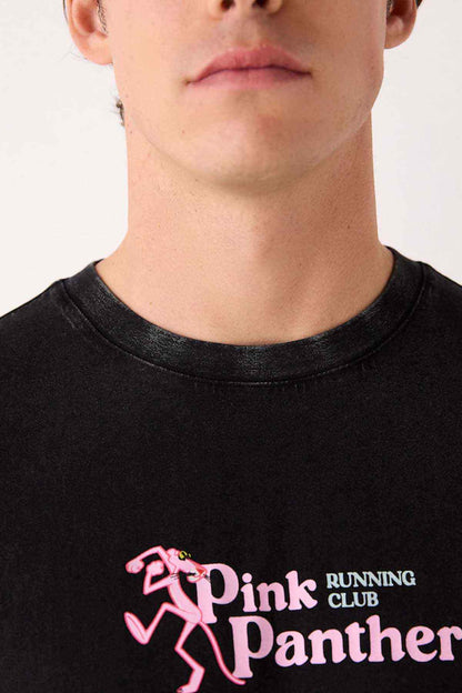Black crew-neck T-shirt with large Pink Panther running club graphic
