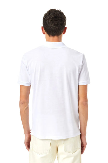 White polo shirt back view with short sleeves and collar
