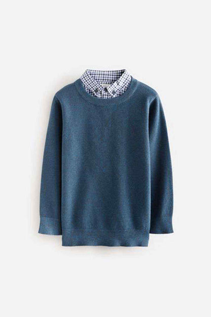 Navy crewneck sweater with checked shirt collar, long sleeves