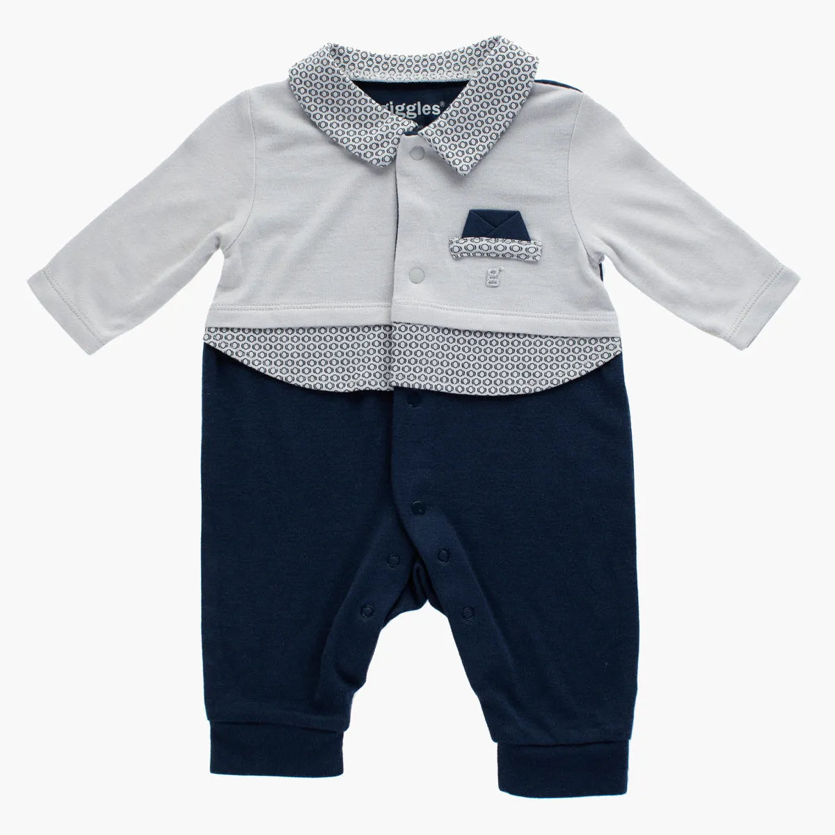 Babyshop baby romper with light gray top, navy legs, patterned button-down collar