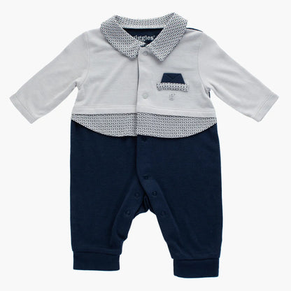 Babyshop baby romper with light gray top, navy legs, patterned button-down collar