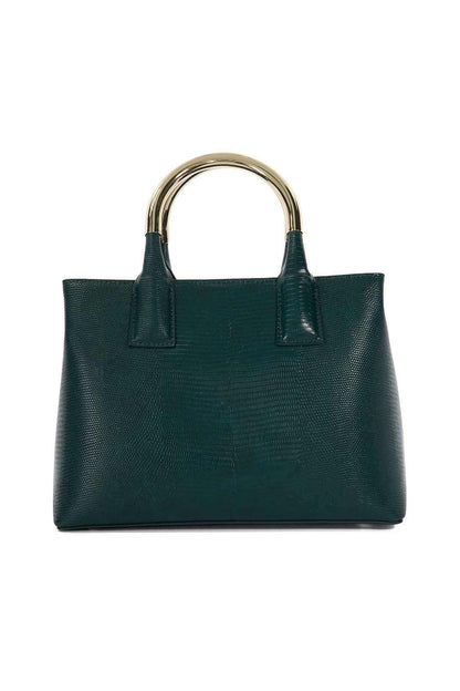 Dark green structured tote bag with twin top handles and gold-tone hardware
