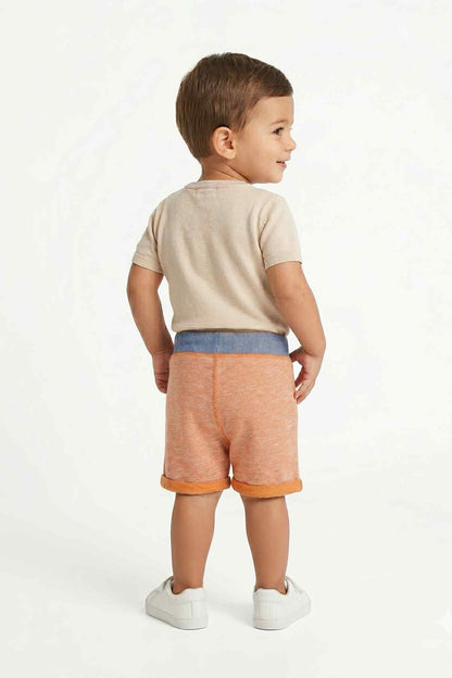 Orange heather toddler shorts with blue waistband and drawstring front