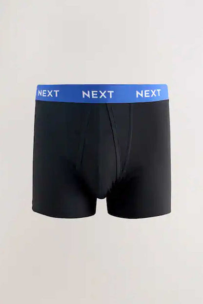 Men's boxer briefs in dark fabric with blue logo waistband and front fly seam