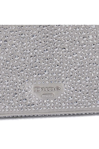 Silver glitter handbag fabric with Dune logo embossed on side